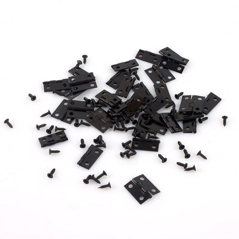 Tiny 18x15mm Wooden Box Hinges Set With 200 Screws For DIY Jewelry Boxes Black Small Folding Butt Hinges Retro Style Hardware For Crafts Durable And Easy To Install Hinges scattered on a surface.
