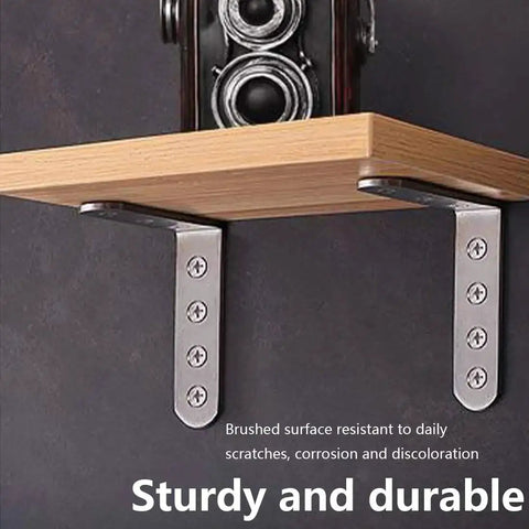 Heavy Duty L Shaped Shelf Brackets Set, Stainless Steel Corner Braces supporting wooden shelf, Right Angle Wall Mounts showcased
