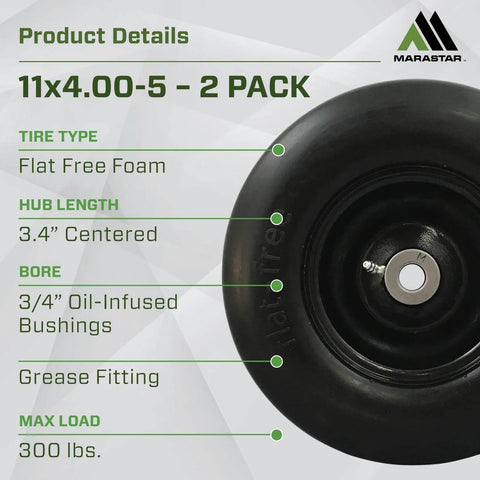 Universal Fit Flat Free Tire And Wheel Assembly For Zero Turn Mowers 11x4.00-5 shown with specifications