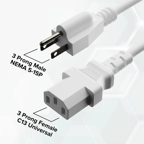 10 Foot 3 Prong Computer Power Cord C13 To NEMA 5-15P IEC 320 White for PC Monitor Server and Medical Equipment 18 AWG 125V 10A