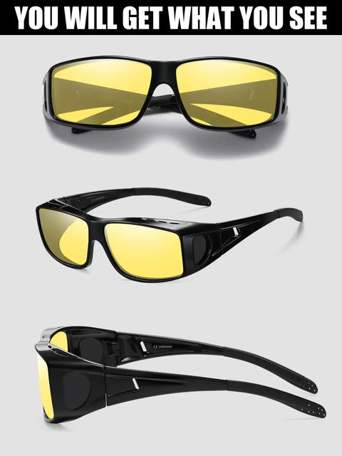 Night Vision Driving Glasses With Polarized Yellow Lenses Fit Over Glasses, shown in multiple views against gray background.