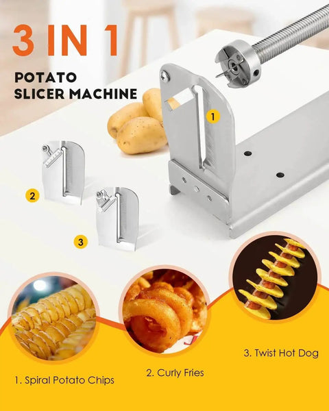 3 In 1 Manual Tornado Potato Slicer With Spiral Cutter And Twisted Cutter For Curly Fries, Spiral Chips, Twisted Hot Dogs
