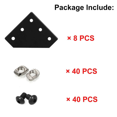 Package contents of Aluminum Extrusion Connector Plate Set For 2020 Series Aluminum Profile with plates, T slot nuts, screws