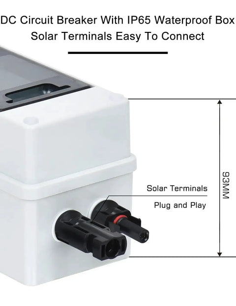 Close-up of 15 Amp Solar DC Disconnect Switch Outdoor Breaker Box with IP65 waterproof UV resistant PC shell and solar terminals.