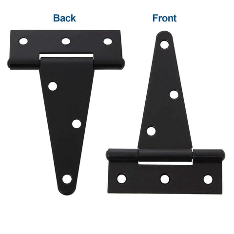 Front and back view of Ten Pack 4 Inch T Strap Tee Hinge Heavy Duty Black Barn Door Hinges for Wooden Fences.