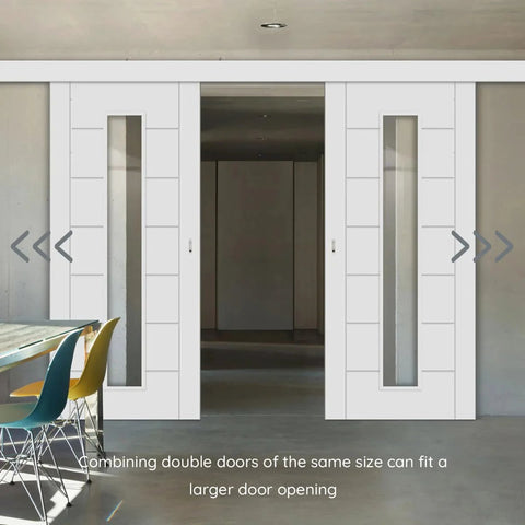 Soft Close Barn Door Slide Hardware Set With 59 Inch Track, Heavy Duty Pocket Door Kit installed in modern dining room.