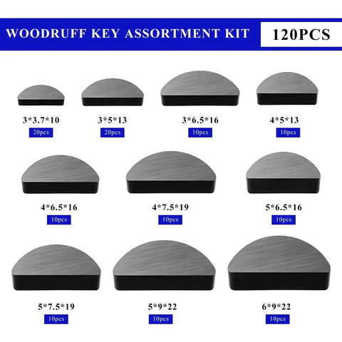 Woodruff Key Assortment Kit 120 Pieces In 10 Sizes Carbon Steel Half Moon Keys displayed in a grid format.