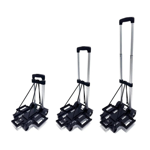 Extendable Car Seat Travel Cart For Airports With Folding Stowable Base Plate And Smooth Wheels in folded and open positions