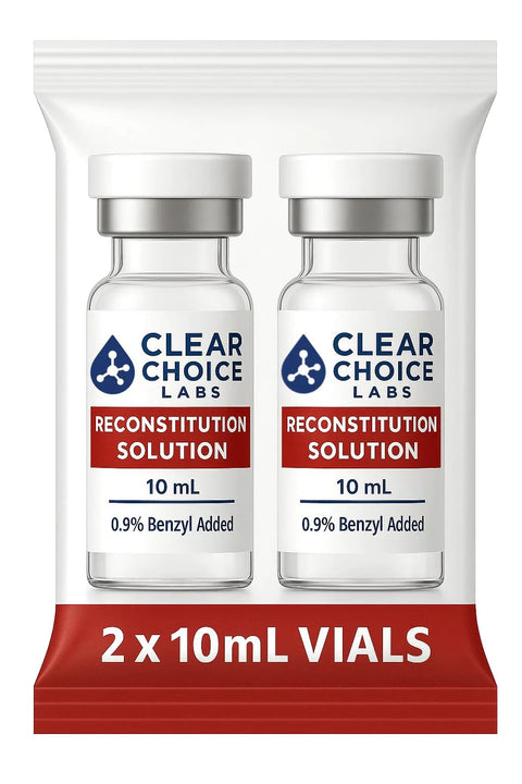 Two 10 mL premium glass vials of Clear Choice Labs Reconstitution Solution with white caps.