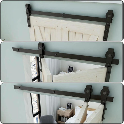 Bi Folding Sliding Barn Door Hardware Kit For Double 16 Inch Bifold Doors, Heavy Duty Wall Mount Rollers, 34 Inch Track, Matte Black