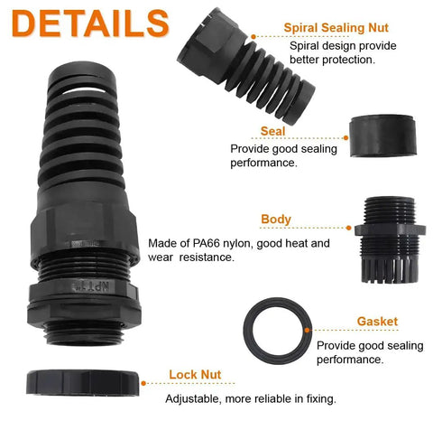 Detailed view of 2 Pack NPT 1 Inch IP68 Waterproof Cable Gland With Nylon Joint And Adjustable Locknut Flex Spiral Strain Relief Gaskets