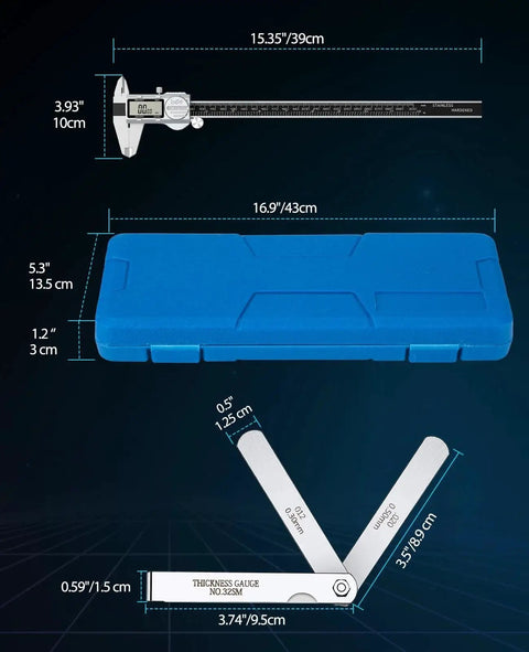 Digital Caliper 12 Inch With ABS Absolute Scale IP54 Waterproof Stainless Steel Vernier Caliper With Inch MM And Fraction Readouts Auto Off LCD Display Precision Measuring Tool Feeler Gauges Included, blue case and gauges visible