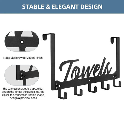 Over The Door Hooks 5 Coat Hooks Towel Rack For Bathroom And Kitchen Heavy Duty Door Hanger In Manganese Steel Anti Rust No Drill Installation Black Finish Ideal Towel Holder For Bedroom And Bath