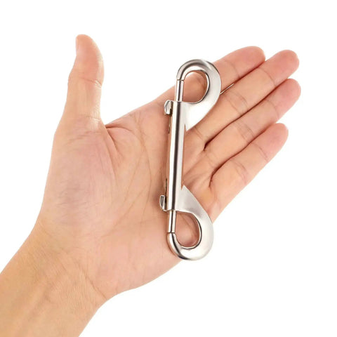 Double Ended Bolt Snap Hooks 4.7 Inch Metal Clips Zinc Alloy 5 Pack shown in hand for size reference