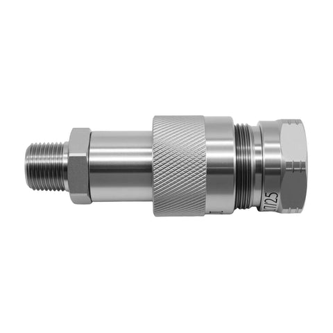 Side view of Beefed-Up High Flow 3/8 Inch Hydraulic Quick Coupler Set, 10,000 PSI, universal design, carbon steel, zinc nickel plating