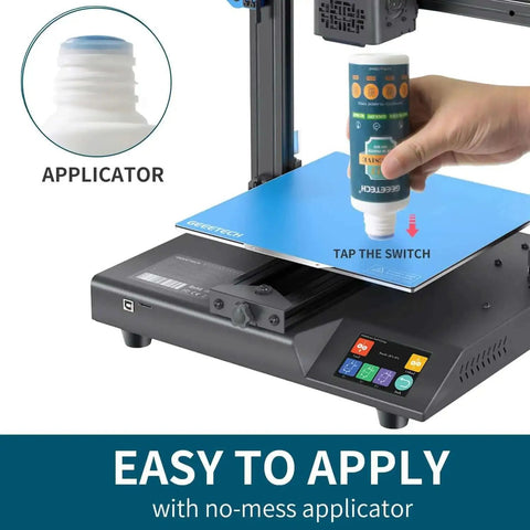 Applying strong bed adhesive glue for 3D printing with no-mess applicator on build plate, focuses on ease of use.