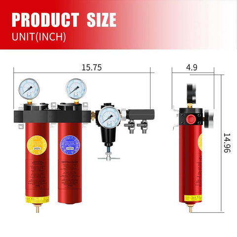 Air filtration system NANPU ZP-R 2-stage with regulator; red metal housing, gauges, 3/8 in inlet, 1/4 in outlet.