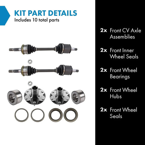 Front Drivetrain Kit With Two CV Axle Shafts Inner Seals Wheel Bearings Hubs And Seals For 2001 2007 Toyota Sequoia And 2000 2006 Tundra Beefed Up OEM Grade Replacement Assembly, showing all components including axles, bearings, and seals.