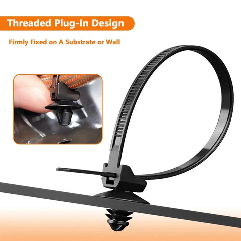 Close-up of black nylon cable tie with push mount buckle, demonstrating threaded plug-in design for automotive use.