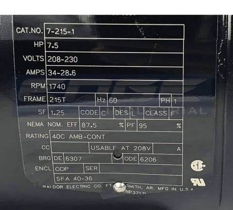 Data plate of 7.5HP Single Phase Compressor Duty Industrial Electric Motor 215T Frame 1750 RPM 208-230V Open Drip Proof Enclosure