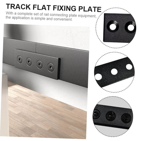 Heavy Duty Flat Bracket Track Rail Connector For Barn Doors And Home DIY Projects, Durable Carbon Steel Mending Plate And Track Stopper, Solid 4 Hole Brace Mount, Metal Repair Plate For Long Lasting Door Track Support installed on wall with wooden floor scene.