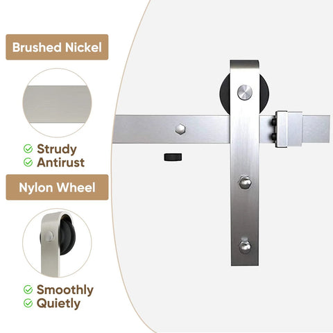 6 Ft Brushed Nickel Sliding Barn Door Hardware Kit with Smooth Quiet Hanger Rollers, showcasing design and materials in detail.