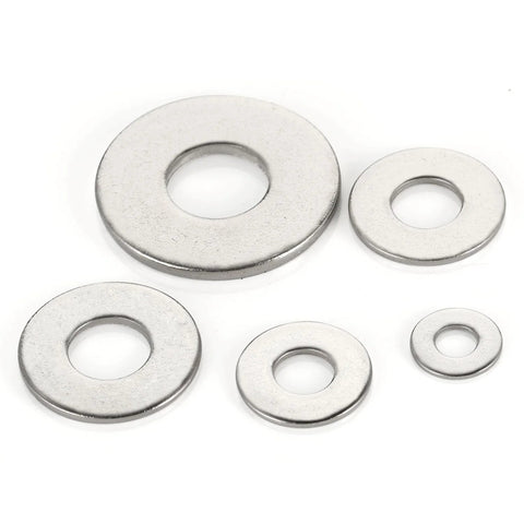 Stainless steel flat washers, 1/4 in inner hole and 3/4 in outer diameter, silver metal, five washers shown