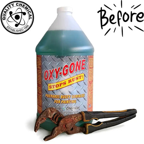 Easy Spray On Rust Remover And Metal Treatment For Metal Surfaces Oxy Gone By Quality Chemical 128 Oz Combo jug with rusty pliers