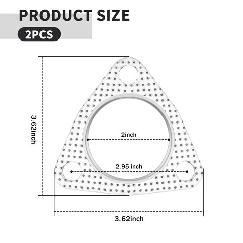Automotive exhaust gasket, 2-piece set, triangular 3-bolt flange with 2-inch bore, perforated metal finish