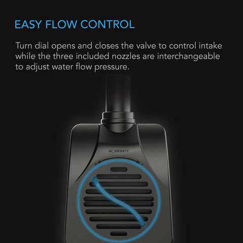 Front view of AC Infinity submersible water pump, black device with circular vent grill and blue accent ring.
