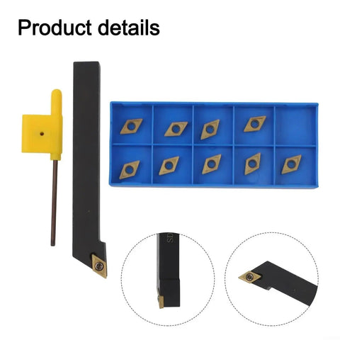 Alloy Steel CNC Lathe External Turning Tool Holder With 10 DCMT070204 Carbide Inserts shown with wrench and product details
