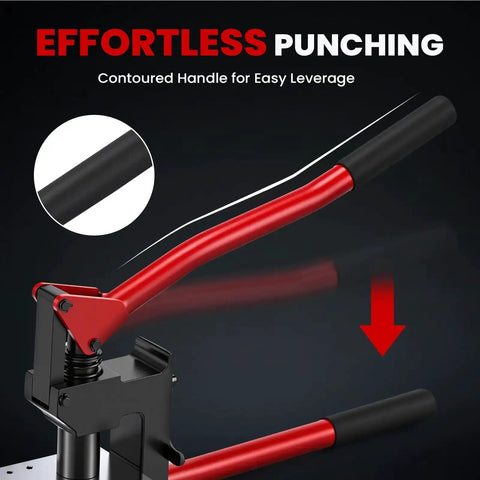 Heavy-Duty Metal Stud Punch Set with rubberized handle for 20 gauge sheet metal; manual lever for conduit, cabinet, HVAC use.