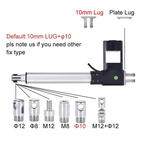 Beefy Electric Linear Actuator 100mm Stroke, 6000N High-Force, detailed lug and fix type options diagram