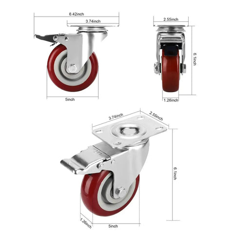 Heavy Duty 5 Inch Swivel Caster Wheels Set With Locking Brakes And 1500 Lb Capacity Each 4 Pack Rubber Plate Casters For Carts