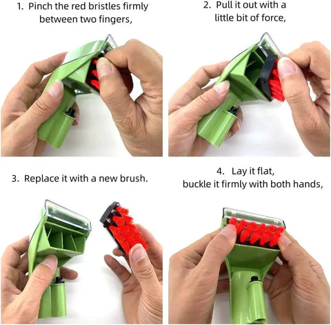 Front view of green replacement brush attachment with red bristles for Bissell 1400B, part #1613828
