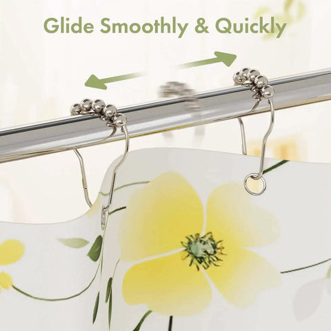 Rustproof Stainless Steel Shower Curtain Hooks Set Of 12 for bathroom rods with polished nickel finish, showing easy glide function