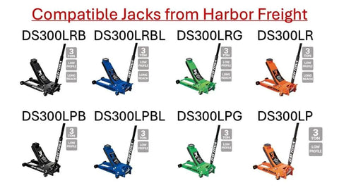 Image showing eight Harbor Freight jacks compatible with the Replacement Saddle Pad For Daytona Low Profile 3 Ton Jack Long Reach Not Superduty Green Color Durable Jack Pad Upgrade For Safer Lifts And Better Load Distribution.