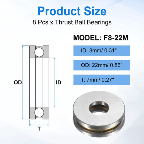 uxcell F8-22M thrust ball bearing set, 8 pcs with washers, chrome steel, 8mm ID x 22mm OD x 7mm thick