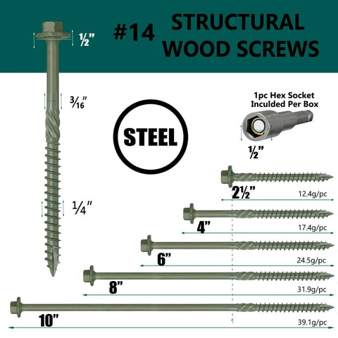 80 Pcs Timber Screws Self Drilling Size 14 X Two And A Half Inch Heavy-Duty Green Coated Exterior Lag Screws For Landscaping Decks Beams And Pole Barns Includes Hex Socket And 1500 Hour Salt Spray Tested