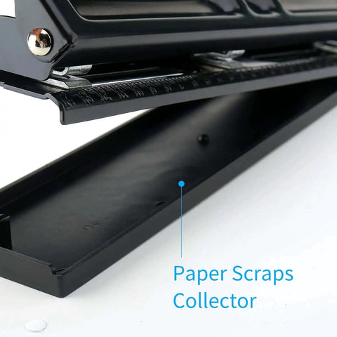 Close-up of Compact Handheld 3 Hole Puncher With Metal Body showing paper scraps collector, adjustable 3 or 4 hole spacing feature