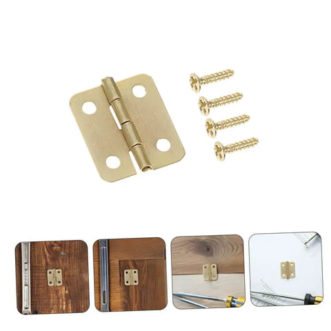 40 Piece Miniature Hinge Hardware Set for DIY Crafts Corner Iron Hinges for Jewelry Boxes and Small Cases Tiny Screws Included Perfect for Jewelry Making Woodworking and Mini Project Repairs with gold iron hinge and screws, shown installed on wood surfaces.