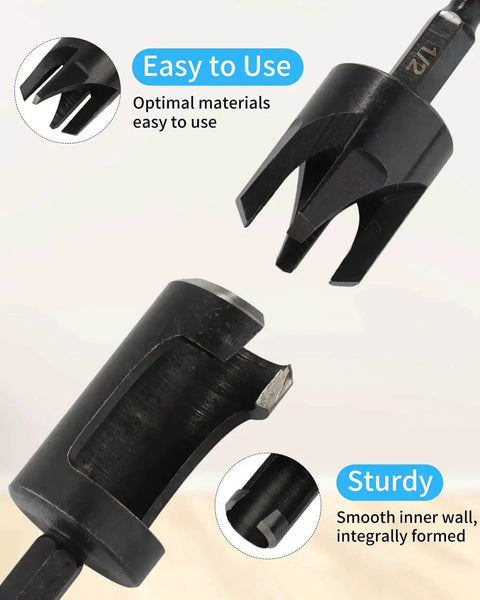 Close-up view of black carbon steel Durable Wood Plug Cutter Set For DIYers And Pros, 8 Pack With Straight And Tapered Bits