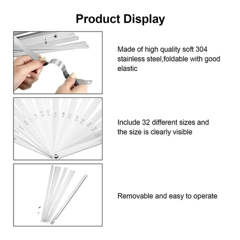Stainless Steel Feeler Gauge Set With Pro Grade Dual Marked Metric And Imperial Blades For Precision Gap Measurement 0.02 mm to 1.00 mm range showcased in a product display with clear dual markings.