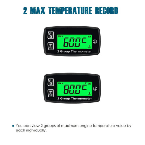 Dual Channel Engine Temperature Gauge With Backlit LCD And Overheat Alerts showing two max temperature readings on green display.