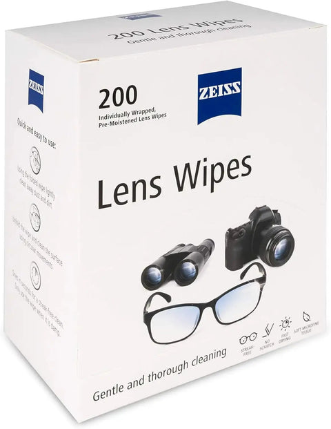 Box of 200 ZEISS Lens Wipes Pre Moistened for Glasses and Sunglasses Safe for Coatings with camera and glasses images.