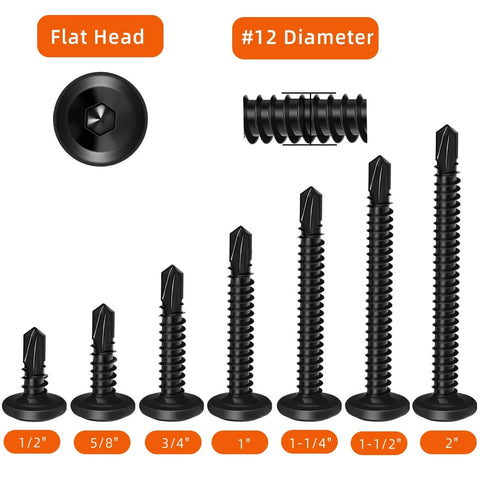 Size Twelve Hex Socket Self Tapping Screws Three Quarter Inch Stainless Steel 410 Sheet Metal Flat Head Black Oxide Finish Fifty Pack Built For Wood Metal And Other Tough Jobs shown in various lengths.