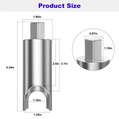 Universal RV Water Heater Pressure Relief Valve Remover For Temperature And TPR Valves Fits Most RV Water Heaters And Camper Water Heaters Works With A 7 8 Inch Wrench No Hassle Valve Removal Tool For Boats Motorhomes Travel Trailers, showing product dimensions and size specifications.