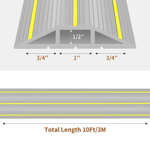 Cross-section of Heavy Duty Ten Foot Floor Cord Cover with 3-channel design and dimensions, grey PVC cable protector.