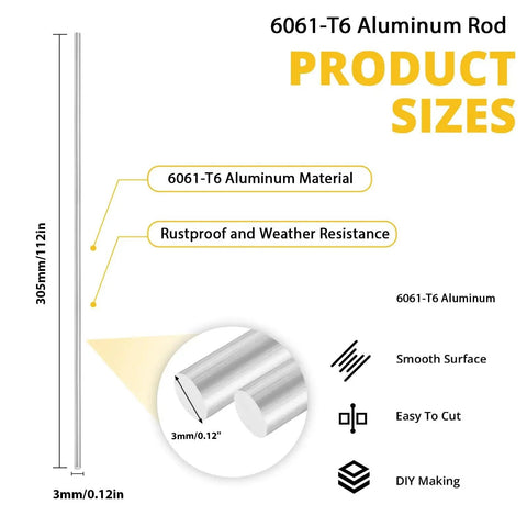 Product image showing Rugged 6061 T6 Aluminum Round Rods Set dimensions and features for DIY projects.
