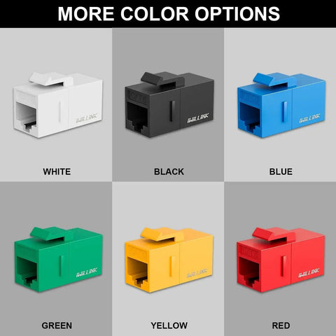 Color options for Cat6 RJ45 Keystone Coupler 25 Pack Female to Female UTP Inline Jack in white, black, blue, green, yellow, and red.